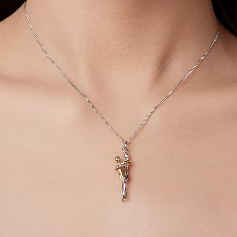 Real 925 Sterling Silver Hug Enbrace Pendant Necklace Silver Gold Two-Tone Mom & Child Pendant Family Gift Mom Jewelry
