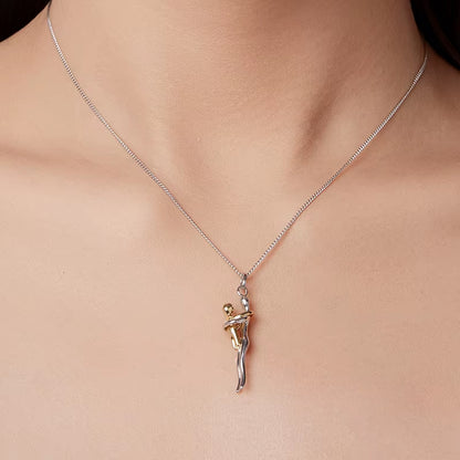 Real 925 Sterling Silver Hug Enbrace Pendant Necklace Silver Gold Two-Tone Mom & Child Pendant Family Gift Mom Jewelry